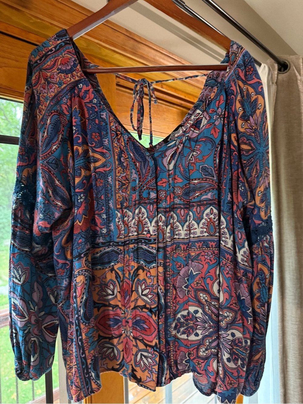 gimmicks by BKE Paisley Patchwork Peasant Top in Teal, Rust and Navy